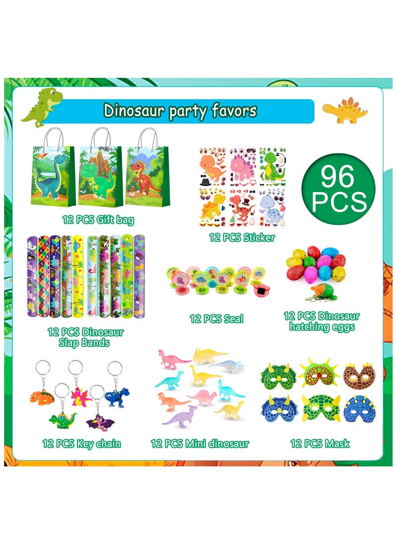 Dinosaur Party Favors for 12 Guests, 96pcs Dinosaur Birthday Party Favors Set Dino Party Favor Bags Keychains Stampers Stickers Toys Clap Bracelets etc Party Supplies
