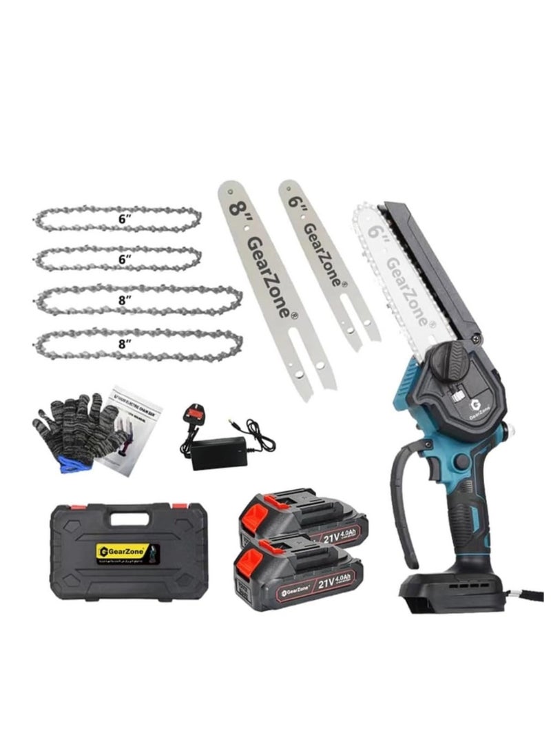 Cordless Chainsaw 6 and 8 Inches, 2-in-1 Mini Chainsaw with 2pcs Batteries and Charger, Small Chainsaw Portable Wood Cutter One-Handed Chainsaw for Trees, Gardening, Forests (Blue)