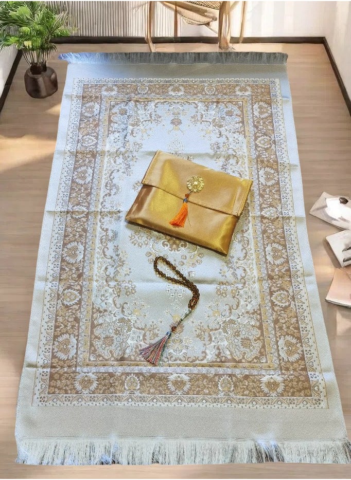 Muslim Prayer Rug and Prayer Beads with Elegant Design Cylinder Gift Box | Janamaz | Sajadah | Soft Islamic Prayer Rug | Islamic Gifts Set | Prayer Carpet Mat, Taffeta Fabric