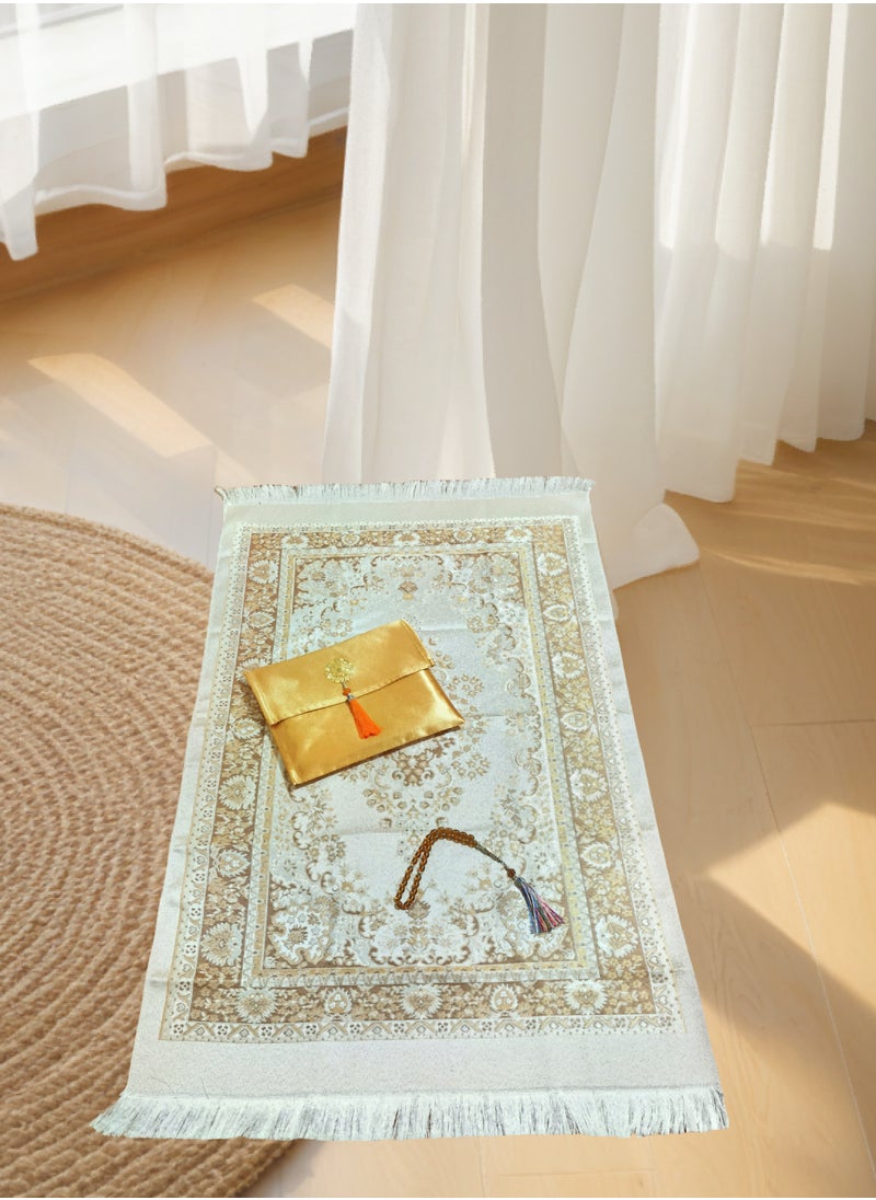 Muslim Prayer Rug and Prayer Beads with Elegant Design Cylinder Gift Box | Janamaz | Sajadah | Soft Islamic Prayer Rug | Islamic Gifts Set | Prayer Carpet Mat, Taffeta Fabric