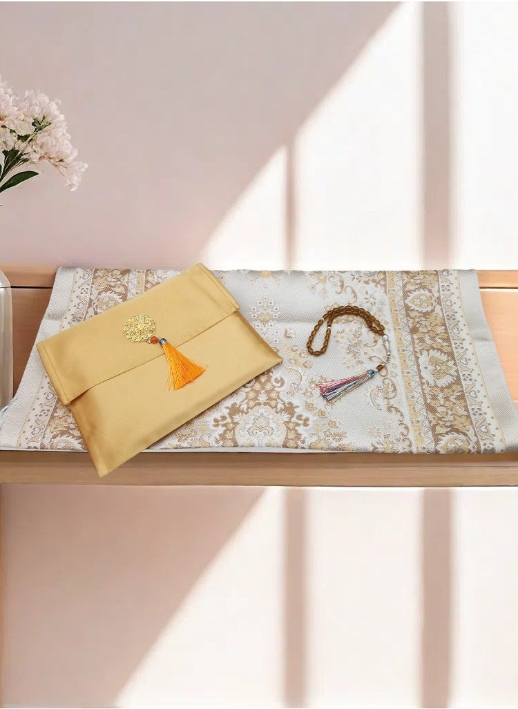 Muslim Prayer Rug and Prayer Beads with Elegant Design Cylinder Gift Box | Janamaz | Sajadah | Soft Islamic Prayer Rug | Islamic Gifts Set | Prayer Carpet Mat, Taffeta Fabric