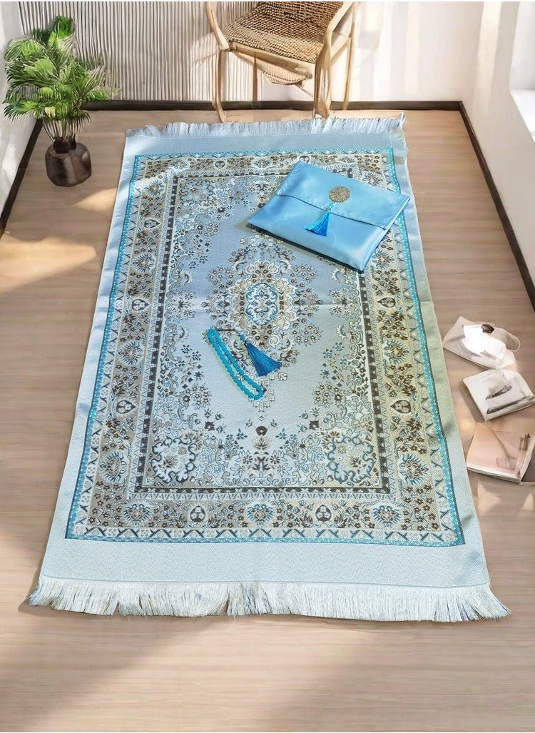 Muslim Prayer Rug and Prayer Beads with Elegant Design Cylinder Gift Box | Janamaz | Sajadah | Soft Islamic Prayer Rug | Islamic Gifts Set | Prayer Carpet Mat, Taffeta Fabric