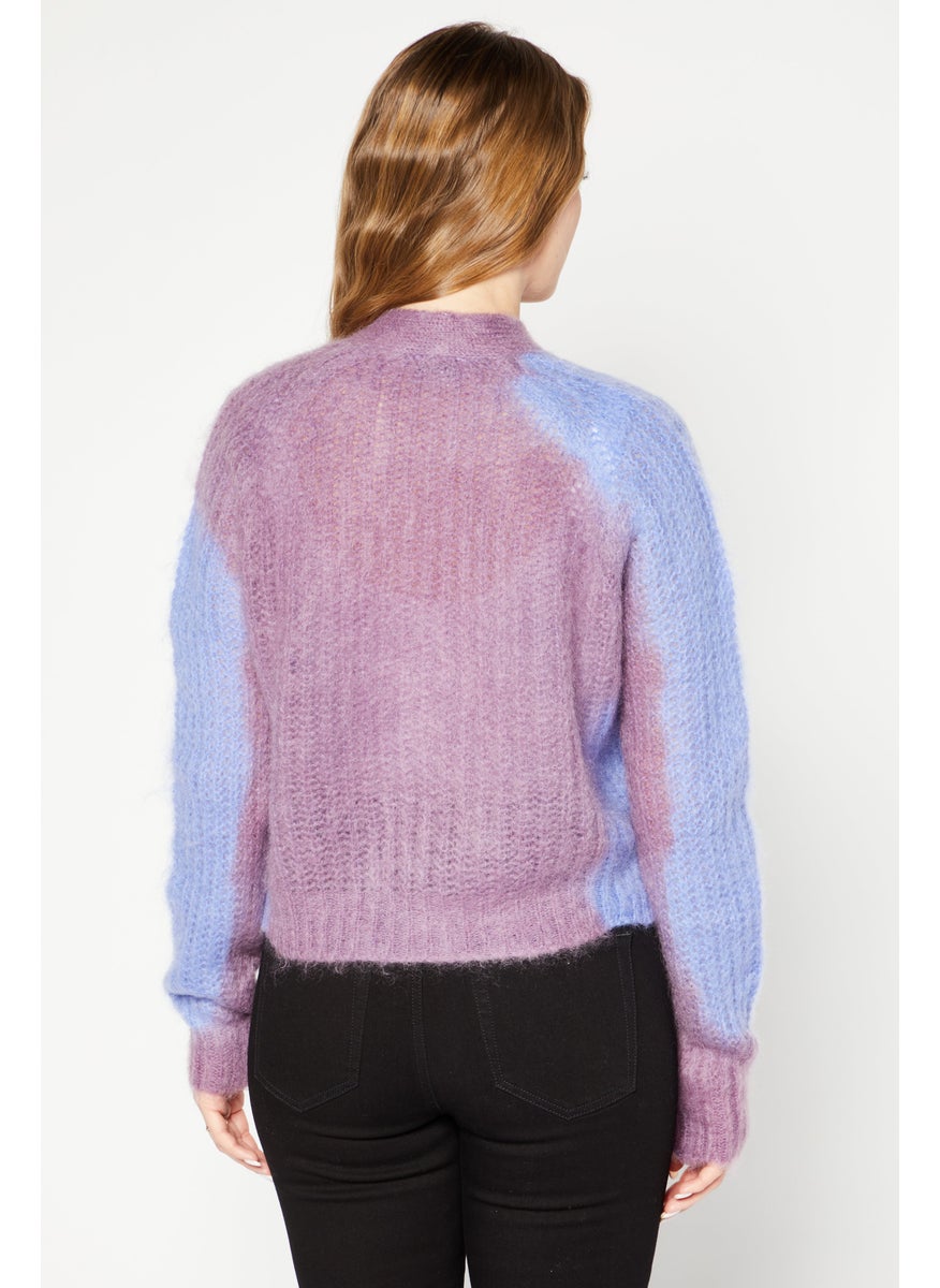 Women Split Neck Long Sleeve Mohair Cardigan, Purple