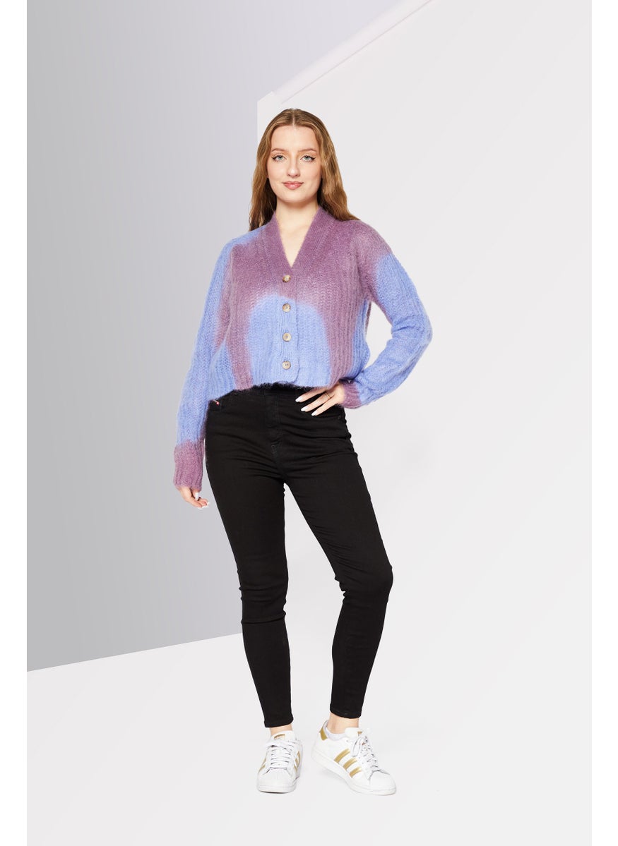 Women Split Neck Long Sleeve Mohair Cardigan, Purple