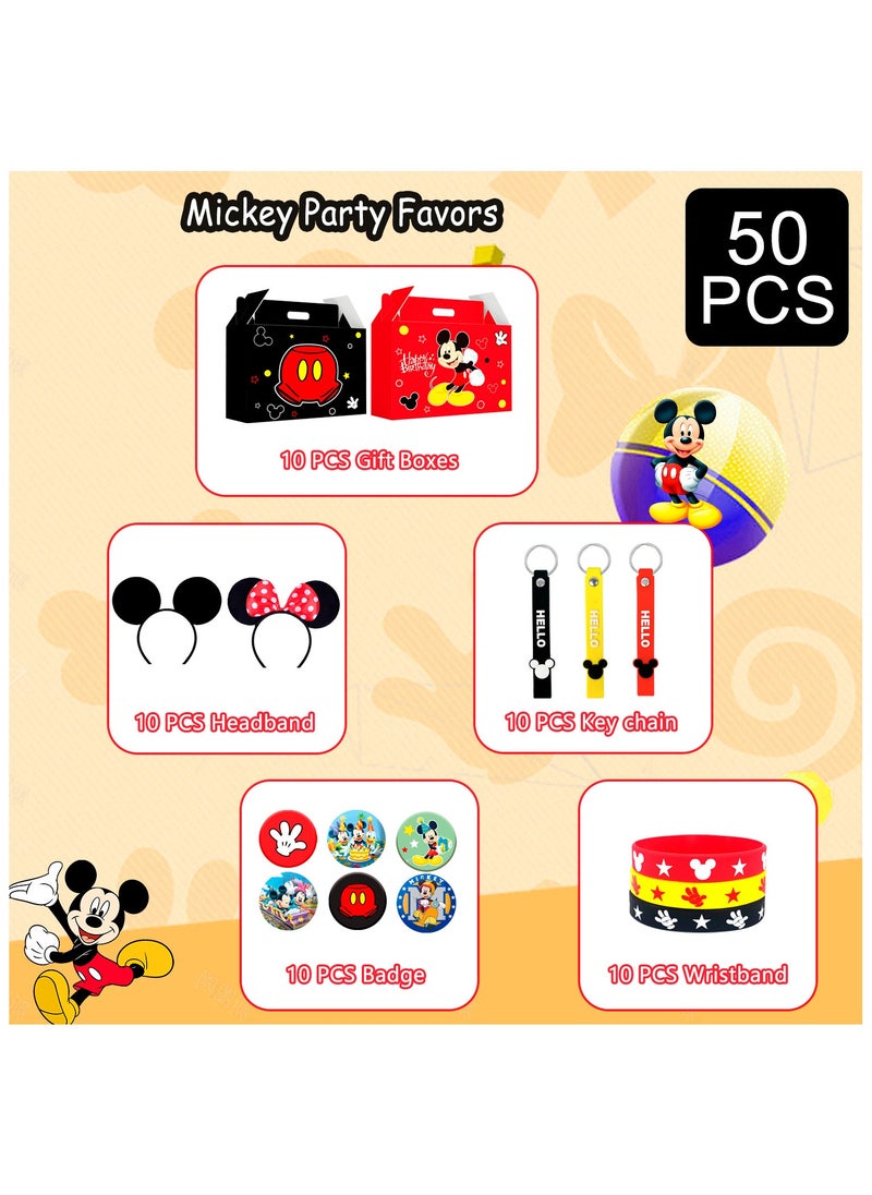 Mickey Mouse Party Favors for 10 Guests, 50pcs All-in-One Mickey Party Favors Packs Mickey Mouse Ears Headband Cartoon Mickey Mouse Treat Box Mickey Party Silicone Bracelet Keychains Button Pin etc Mickey Mouse Party Supplies