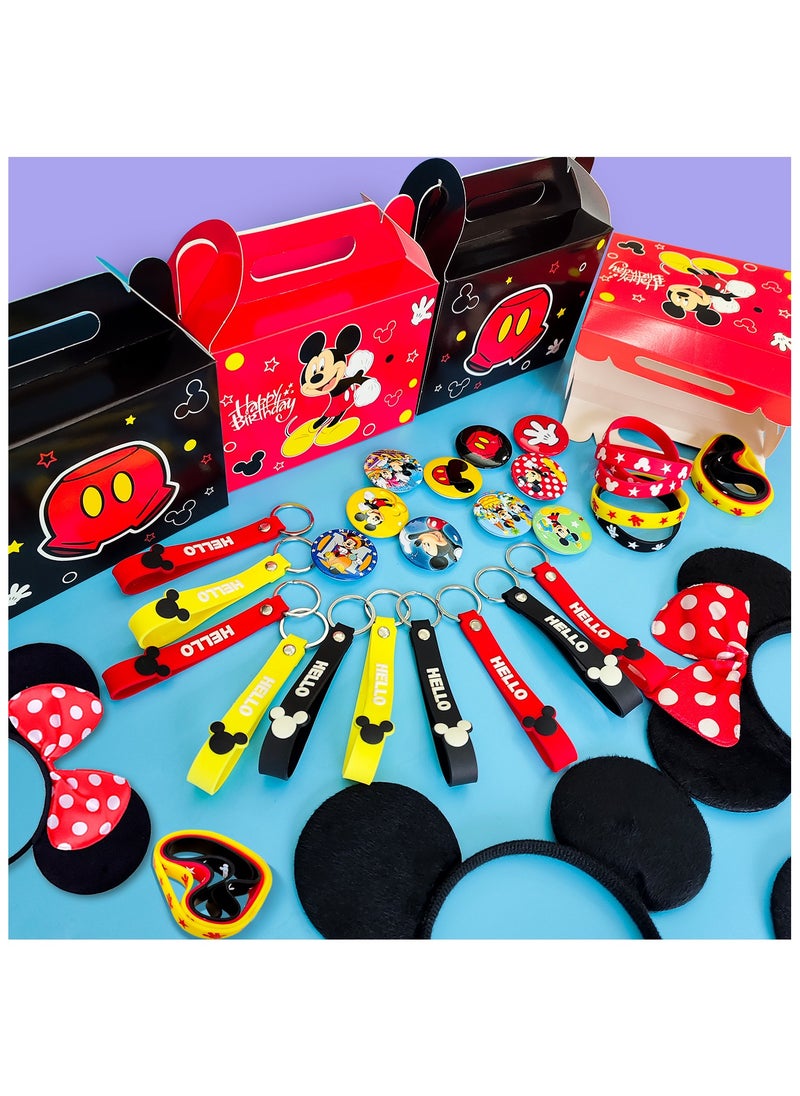 Mickey Mouse Party Favors for 10 Guests, 50pcs All-in-One Mickey Party Favors Packs Mickey Mouse Ears Headband Cartoon Mickey Mouse Treat Box Mickey Party Silicone Bracelet Keychains Button Pin etc Mickey Mouse Party Supplies