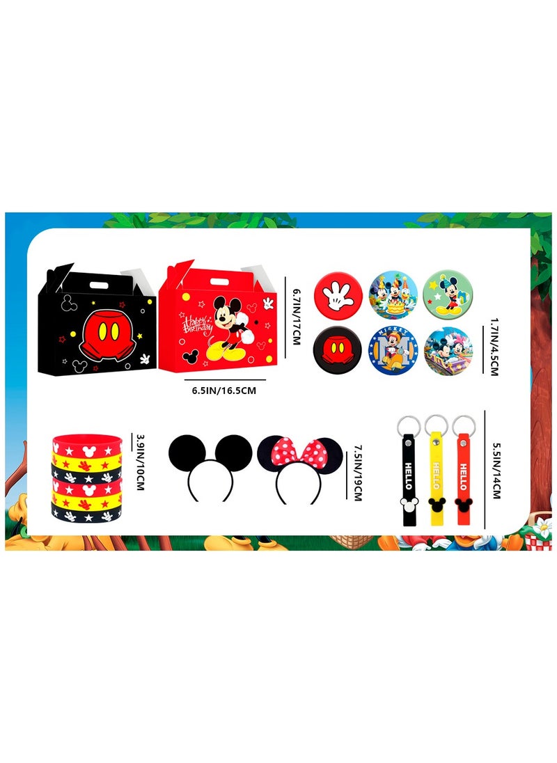 Mickey Mouse Party Favors for 10 Guests, 50pcs All-in-One Mickey Party Favors Packs Mickey Mouse Ears Headband Cartoon Mickey Mouse Treat Box Mickey Party Silicone Bracelet Keychains Button Pin etc Mickey Mouse Party Supplies