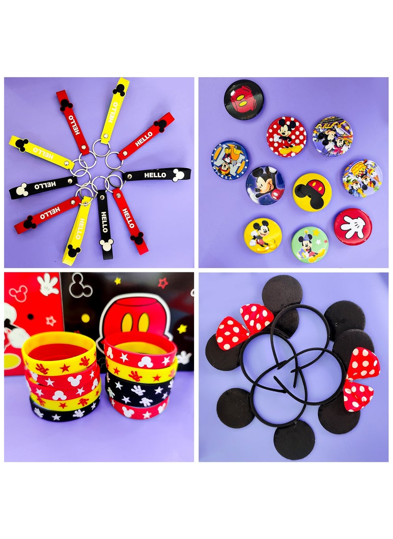 Mickey Mouse Party Favors for 10 Guests, 50pcs All-in-One Mickey Party Favors Packs Mickey Mouse Ears Headband Cartoon Mickey Mouse Treat Box Mickey Party Silicone Bracelet Keychains Button Pin etc Mickey Mouse Party Supplies