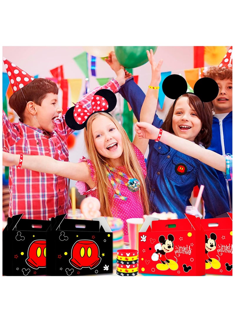 Mickey Mouse Party Favors for 10 Guests, 50pcs All-in-One Mickey Party Favors Packs Mickey Mouse Ears Headband Cartoon Mickey Mouse Treat Box Mickey Party Silicone Bracelet Keychains Button Pin etc Mickey Mouse Party Supplies