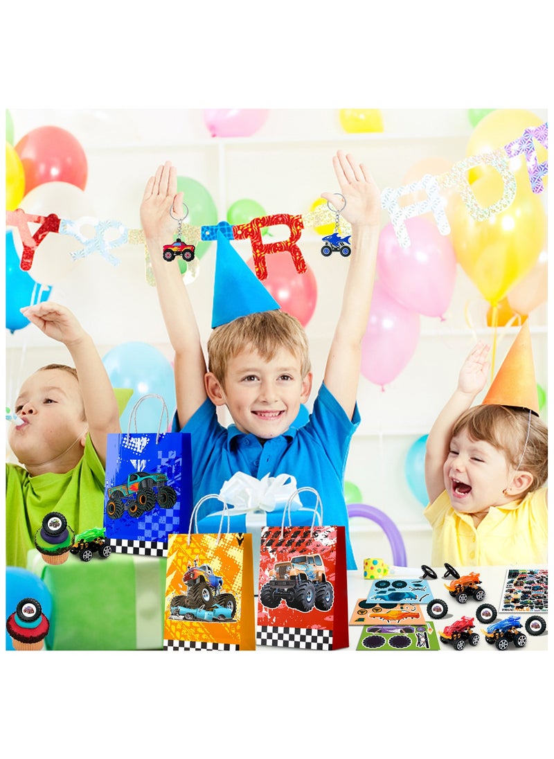 Monster Truck Favors for 12 Guests, 110pcs Monster Truck Party Favors Including Monster Truck Theme Keychain Bags Stickers Toys Ring etc Monster Truck Birthday Party Favors