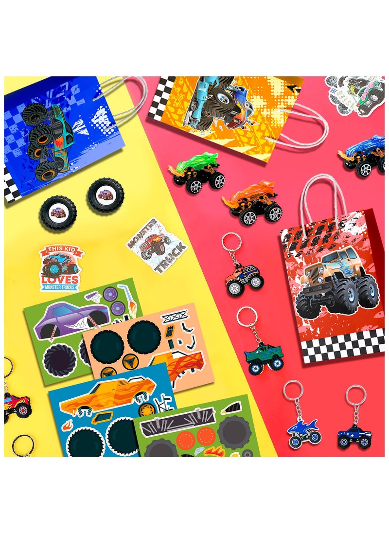 Monster Truck Favors for 12 Guests, 110pcs Monster Truck Party Favors Including Monster Truck Theme Keychain Bags Stickers Toys Ring etc Monster Truck Birthday Party Favors