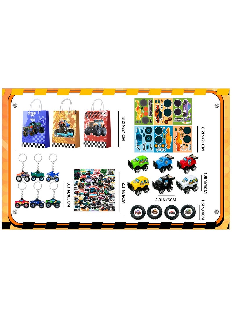 Monster Truck Favors for 12 Guests, 110pcs Monster Truck Party Favors Including Monster Truck Theme Keychain Bags Stickers Toys Ring etc Monster Truck Birthday Party Favors