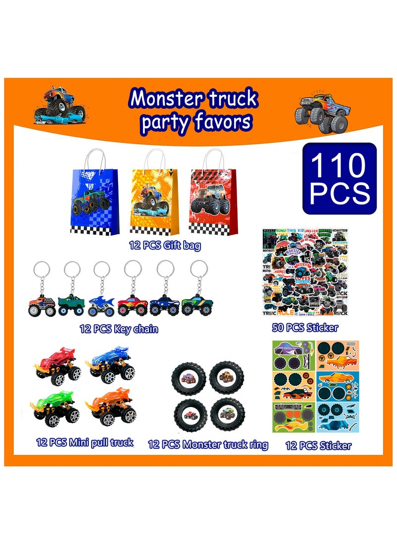 Monster Truck Favors for 12 Guests, 110pcs Monster Truck Party Favors Including Monster Truck Theme Keychain Bags Stickers Toys Ring etc Monster Truck Birthday Party Favors