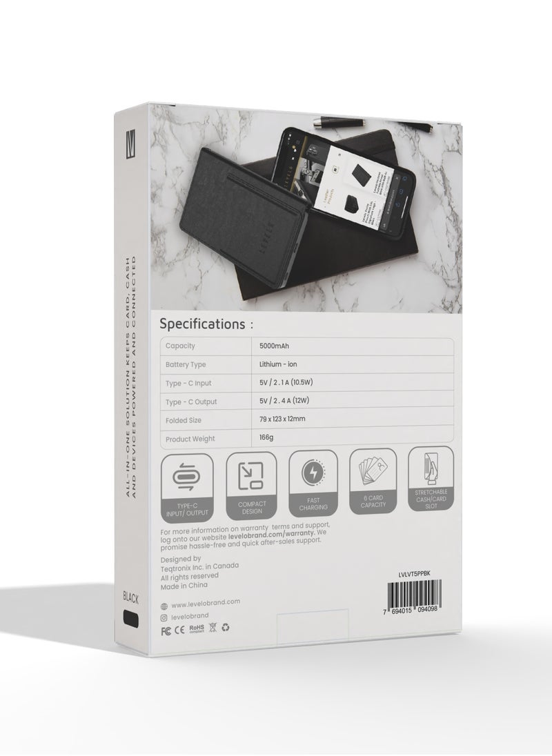Vermont Portable 5000mAh Wallet Powerbank with Built-In Card Holder & Magnetic Type-C to C Cable Booktype / RFID Protection / Fast Charging / LED indicators / 3 Card Pocket / 6 Card Capacity - Black