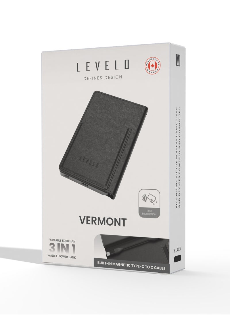 Vermont Portable 5000mAh Wallet Powerbank with Built-In Card Holder & Magnetic Type-C to C Cable Booktype / RFID Protection / Fast Charging / LED indicators / 3 Card Pocket / 6 Card Capacity - Black