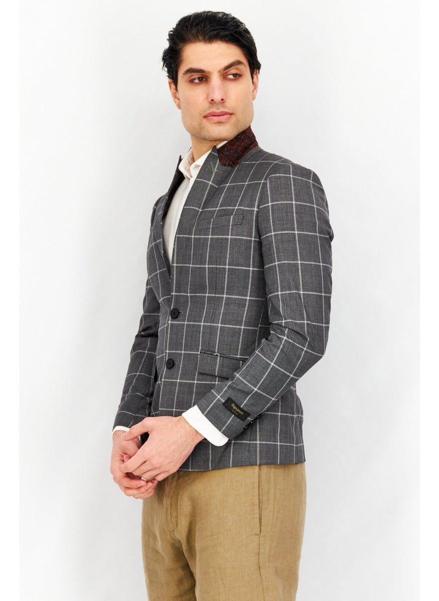 Men Slim Fit Grid Formal Blazer, Grey