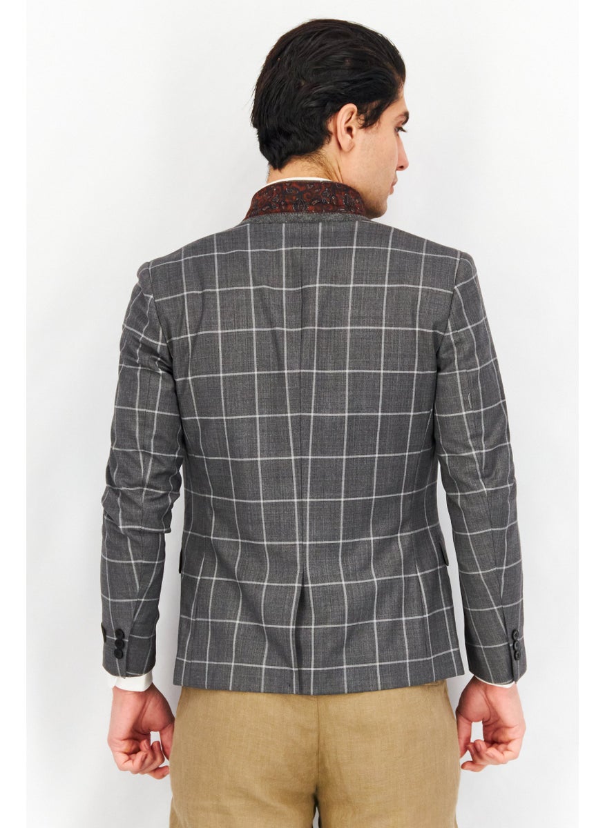 Men Slim Fit Grid Formal Blazer, Grey