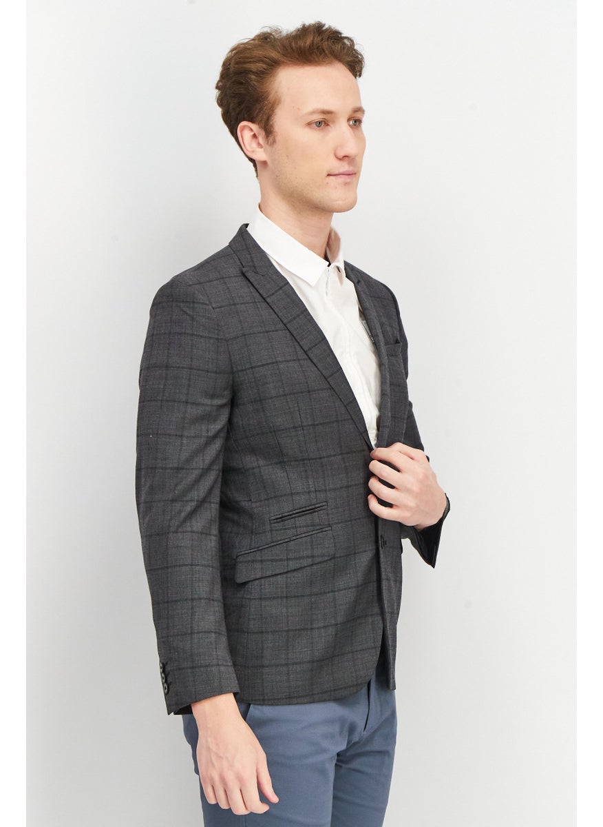 Men Slim Fit Plaid Formal Blazer, Grey