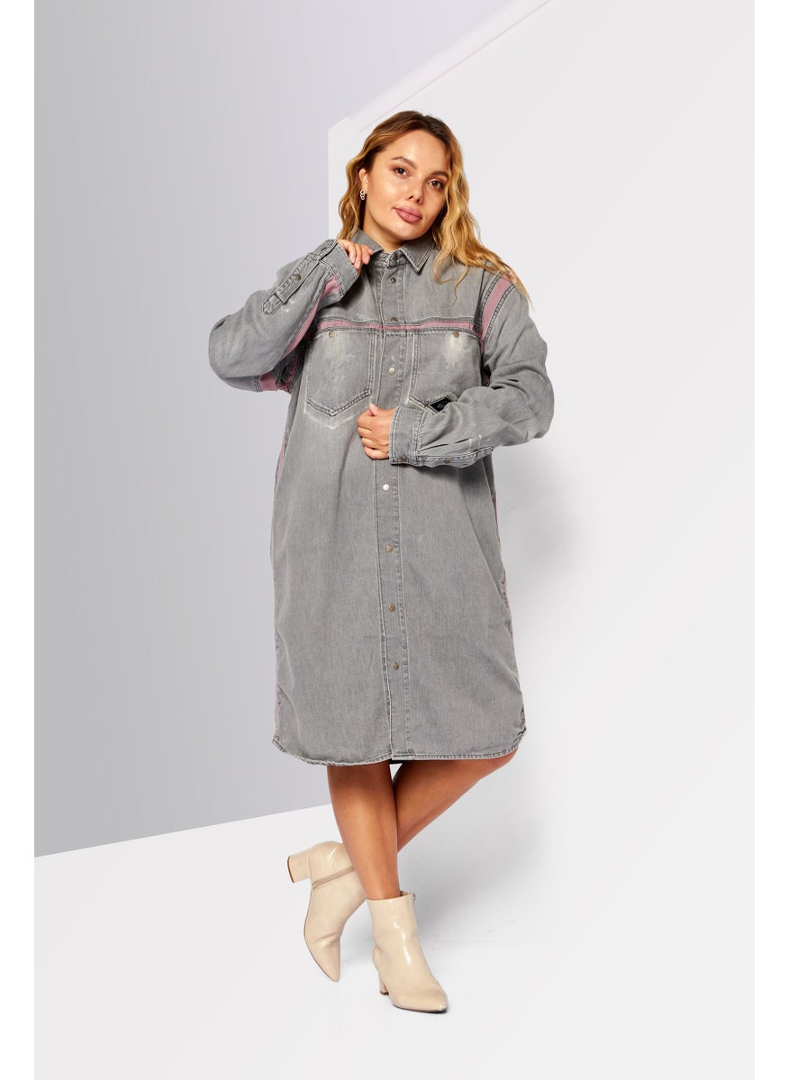 Women Textured Denim Shirt Dress, Grey