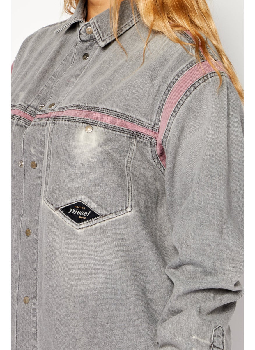 Women Textured Denim Shirt Dress, Grey