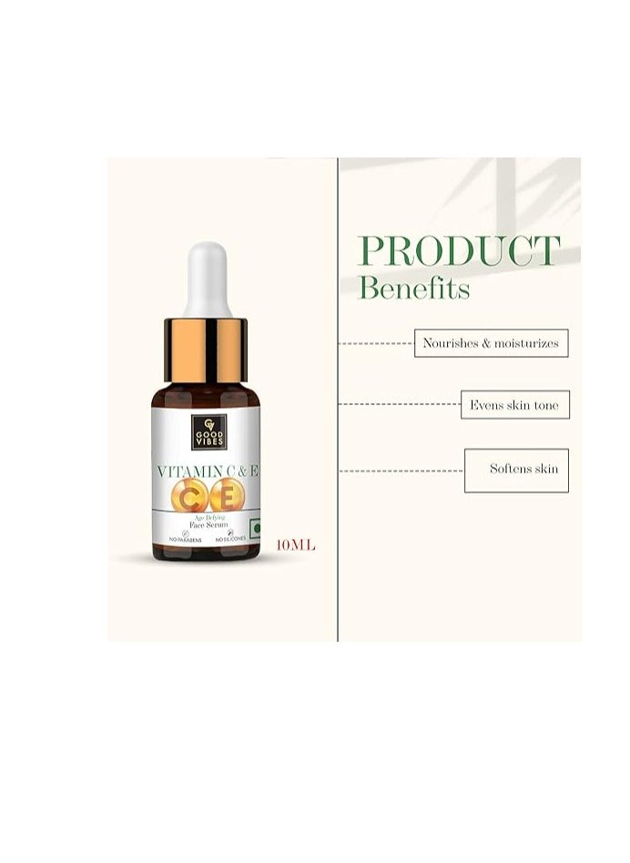 Good Vibes Vitamin C & E Age Defying Serum, 10 ml Light Weight Non Greasy Helps Reduces Wrinkles Skin Repair, Naturally Glowing Face No Parabens Sulphates, Animal Testing, Multi