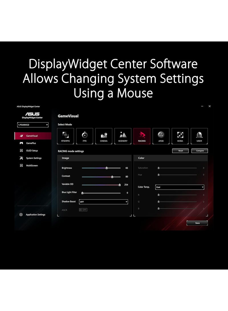 49 inch ROG Swift OLED PG49WCD gaming monitor (5120x1440) curved QD-OLED panel, 144 Hz, 0.03 ms, G-SYNC® compatible, custom heatsink, uniform brightness, ROG Smart KVM, 90 W Type-C, ASUS DisplayWidget Center Black
