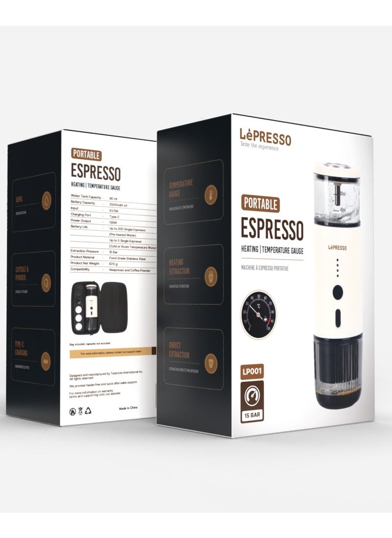 Portable Espresso Coffee Machine with 15 Bar Pressure and Temperature Gauge Coffee Maker / 80ml Water Tank / Heating Extraction / Capsule & Powder - White