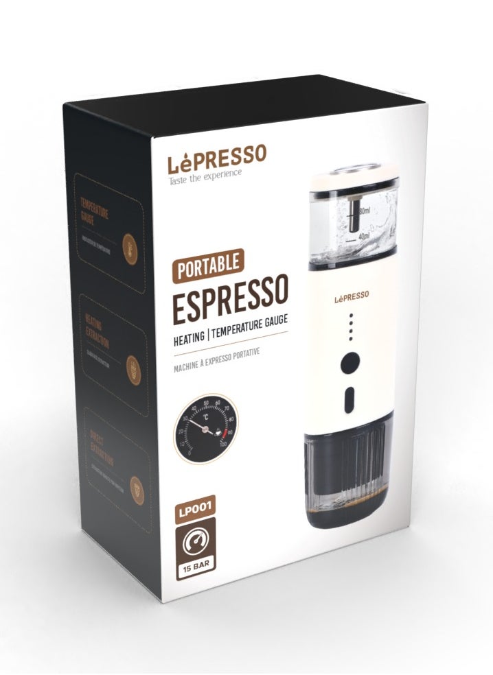 Portable Espresso Coffee Machine with 15 Bar Pressure and Temperature Gauge Coffee Maker / 80ml Water Tank / Heating Extraction / Capsule & Powder - White