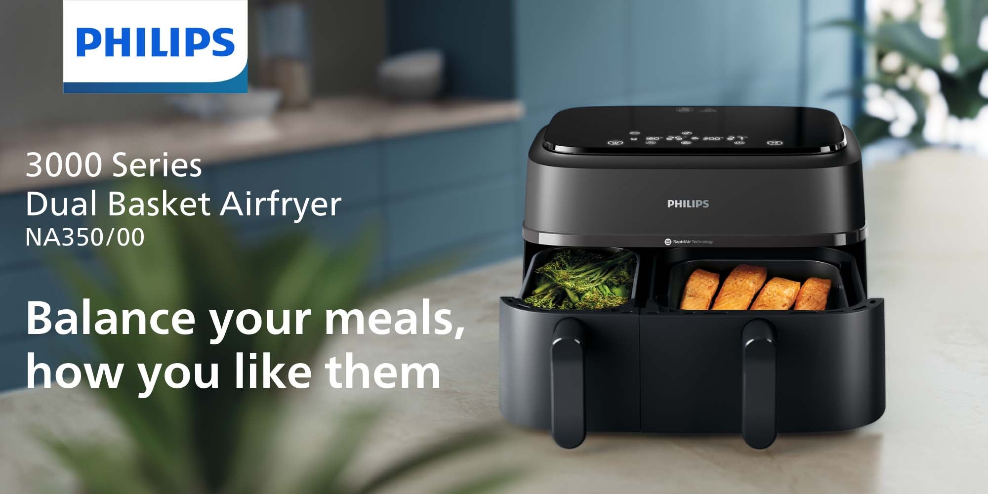 Dual Basket AirFryer XXL - 2 Basket Drawers, 8 Preset Functions, Touchscreen, 9 L 2750 W NA350/00 Black