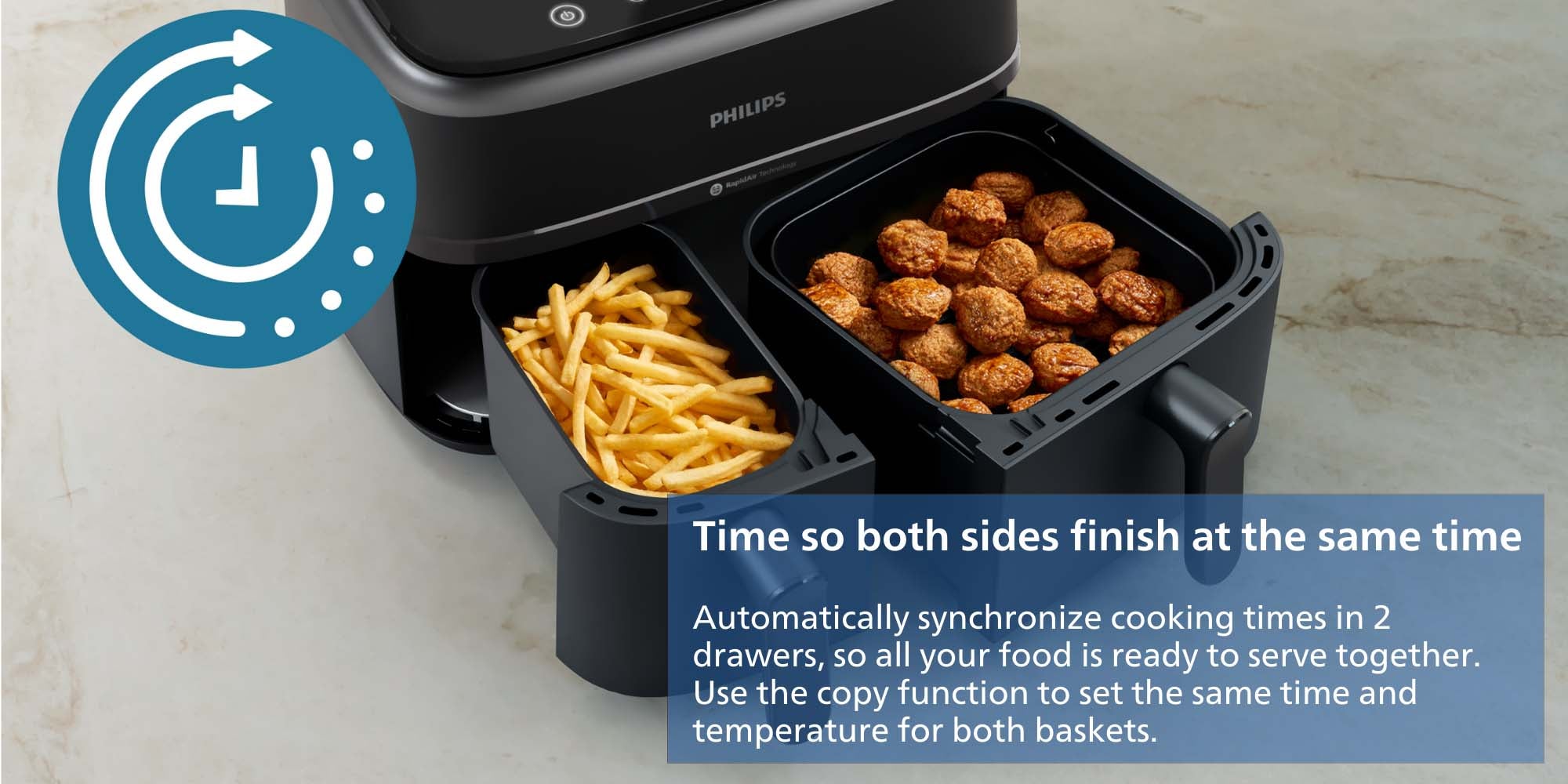 Dual Basket AirFryer XXL - 2 Basket Drawers, 8 Preset Functions, Touchscreen, 9 L 2750 W NA350/00 Black
