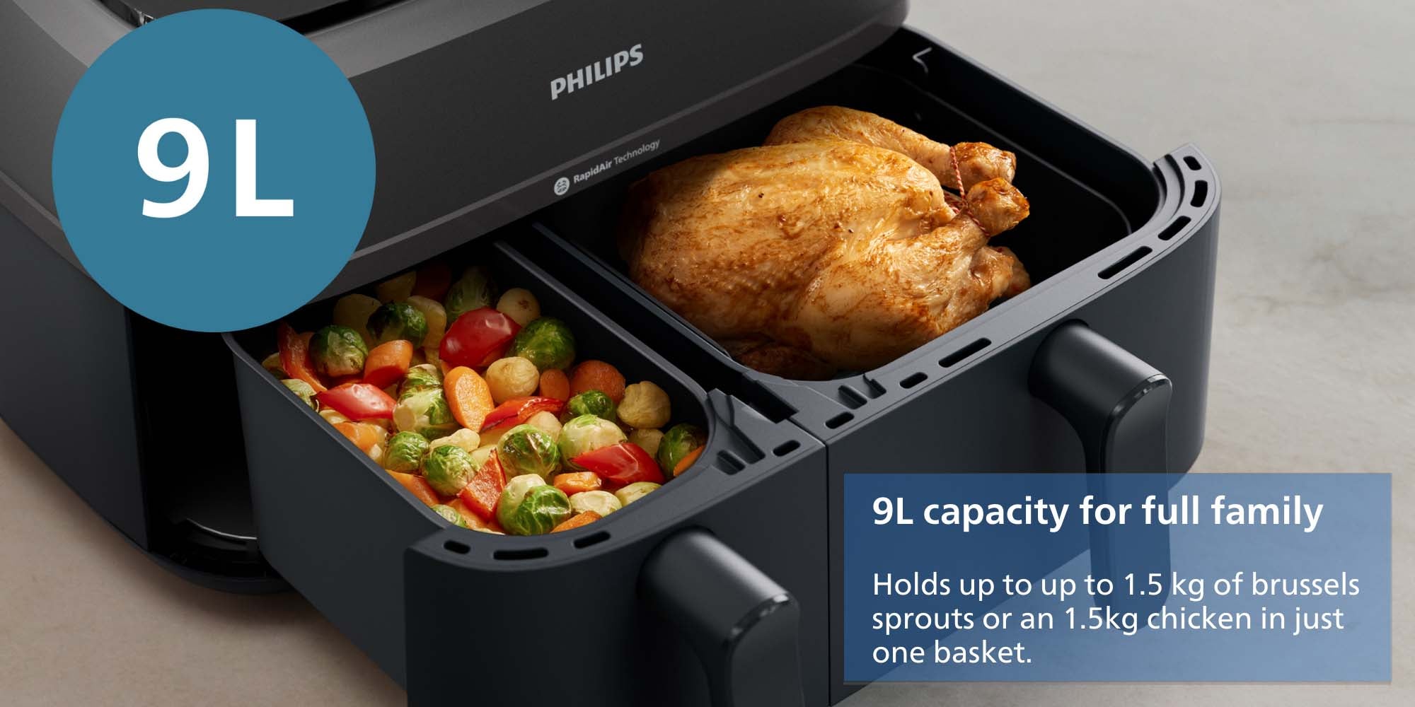Dual Basket AirFryer XXL - 2 Basket Drawers, 8 Preset Functions, Touchscreen, 9 L 2750 W NA350/00 Black