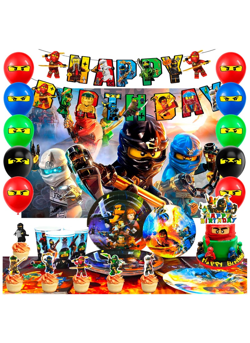 Ninjago Birthday Decorations for 10 Guests, Ninjago Party Disposable Tableware Set Ninjago Theme Banner Balloons Backdrop Plates Napkins Tablecloths