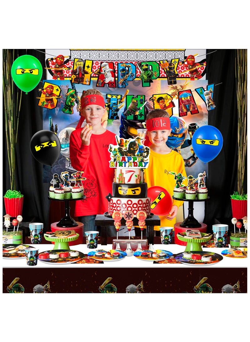 Ninjago Birthday Decorations for 10 Guests, Ninjago Party Disposable Tableware Set Ninjago Theme Banner Balloons Backdrop Plates Napkins Tablecloths