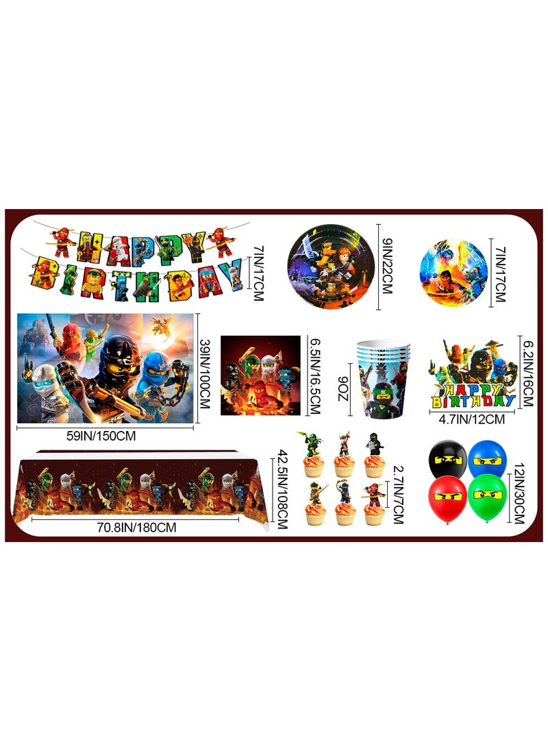 Ninjago Birthday Decorations for 10 Guests, Ninjago Party Disposable Tableware Set Ninjago Theme Banner Balloons Backdrop Plates Napkins Tablecloths
