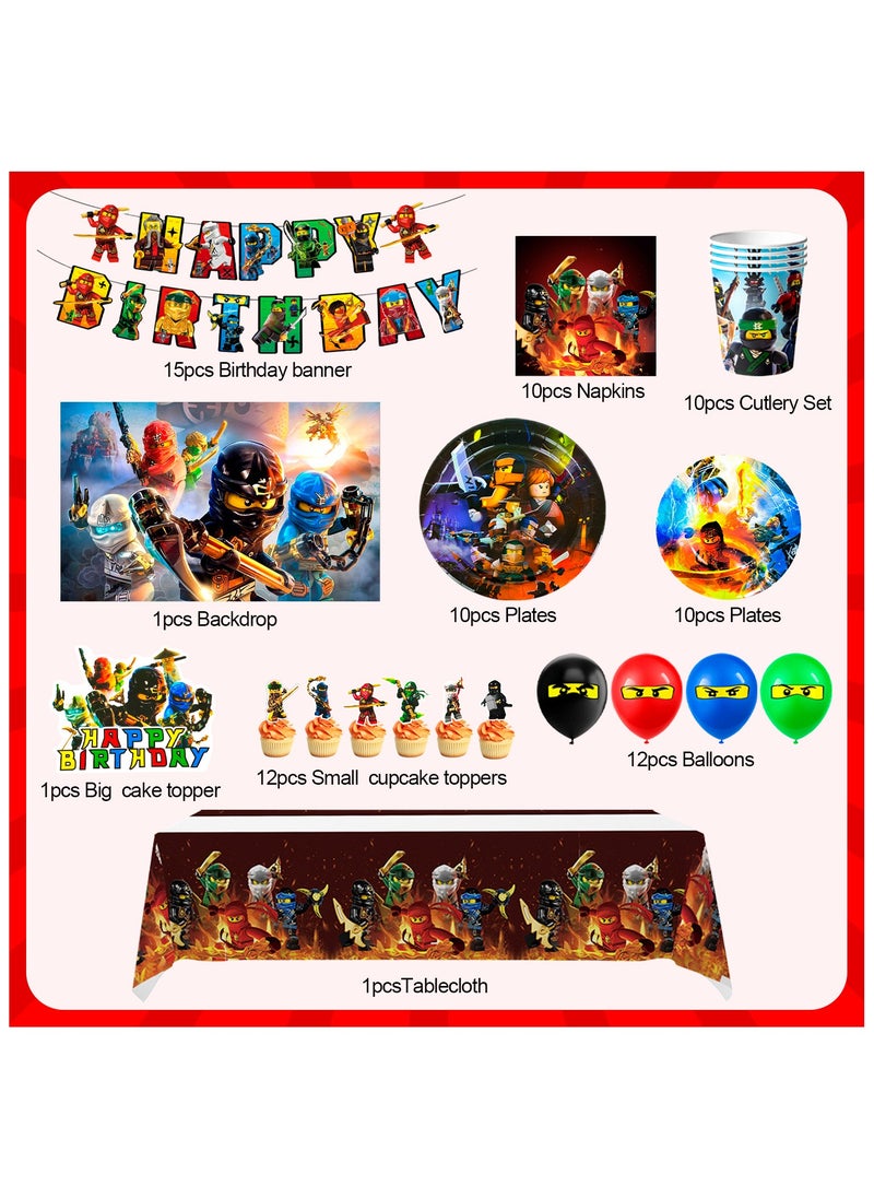 Ninjago Birthday Decorations for 10 Guests, Ninjago Party Disposable Tableware Set Ninjago Theme Banner Balloons Backdrop Plates Napkins Tablecloths