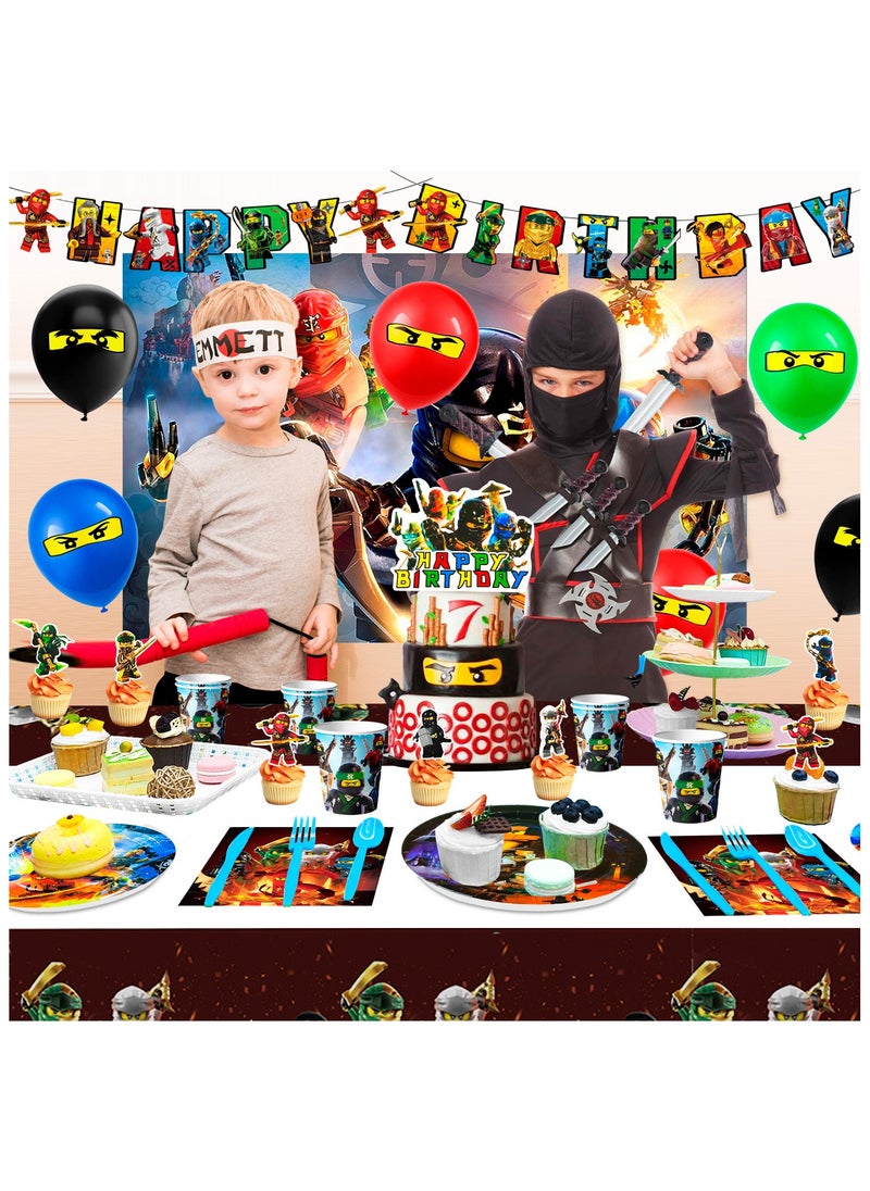 Ninjago Birthday Decorations for 10 Guests, Ninjago Party Disposable Tableware Set Ninjago Theme Banner Balloons Backdrop Plates Napkins Tablecloths