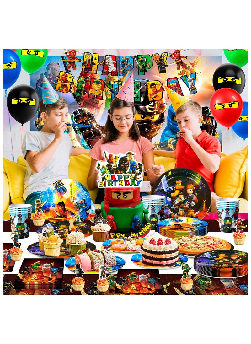 Ninjago Birthday Decorations for 10 Guests, Ninjago Party Disposable Tableware Set Ninjago Theme Banner Balloons Backdrop Plates Napkins Tablecloths