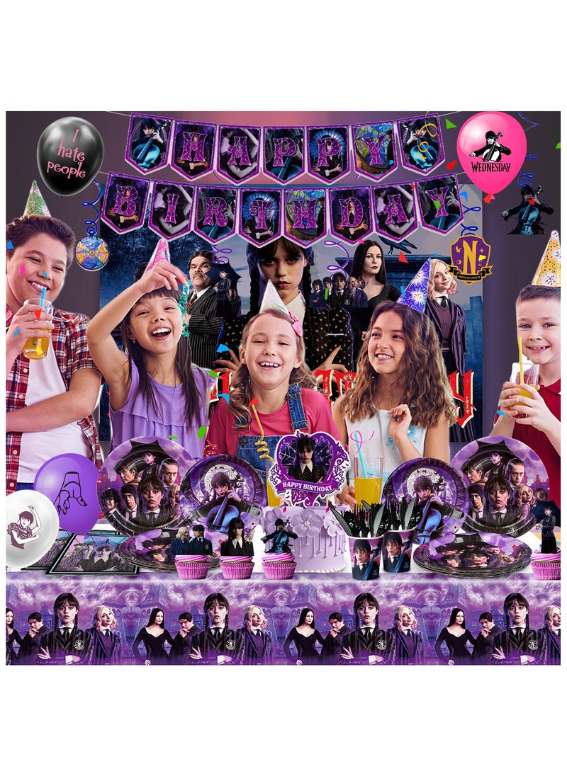 Wednesday Birthday Decorations for 10 Guests, 117pcs Wednesday Party Disposable Tableware Set Film Themed Plates Napkins Cups Balloons Hanging Swirls Tablecloth