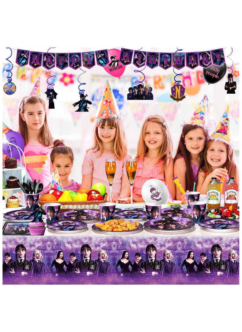 Wednesday Birthday Decorations for 10 Guests, 117pcs Wednesday Party Disposable Tableware Set Film Themed Plates Napkins Cups Balloons Hanging Swirls Tablecloth