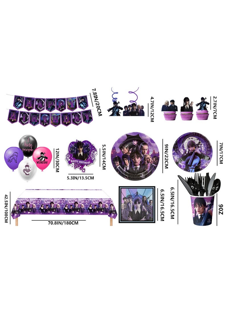 Wednesday Birthday Decorations for 10 Guests, 117pcs Wednesday Party Disposable Tableware Set Film Themed Plates Napkins Cups Balloons Hanging Swirls Tablecloth