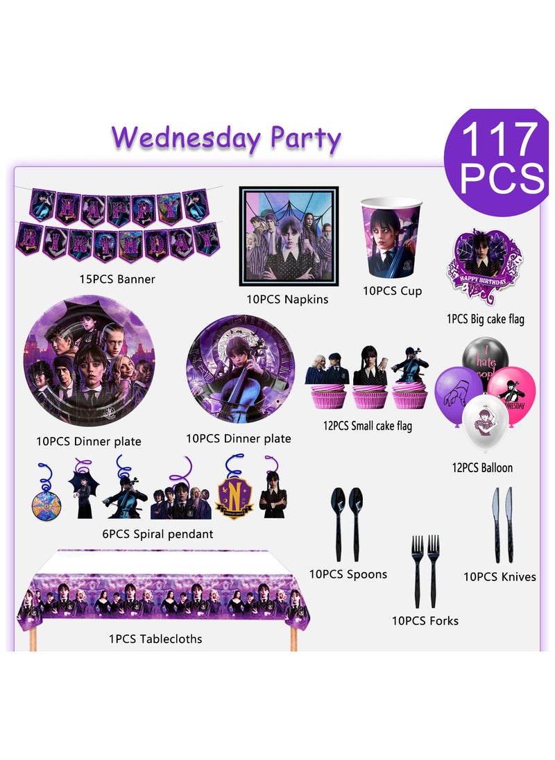 Wednesday Birthday Decorations for 10 Guests, 117pcs Wednesday Party Disposable Tableware Set Film Themed Plates Napkins Cups Balloons Hanging Swirls Tablecloth
