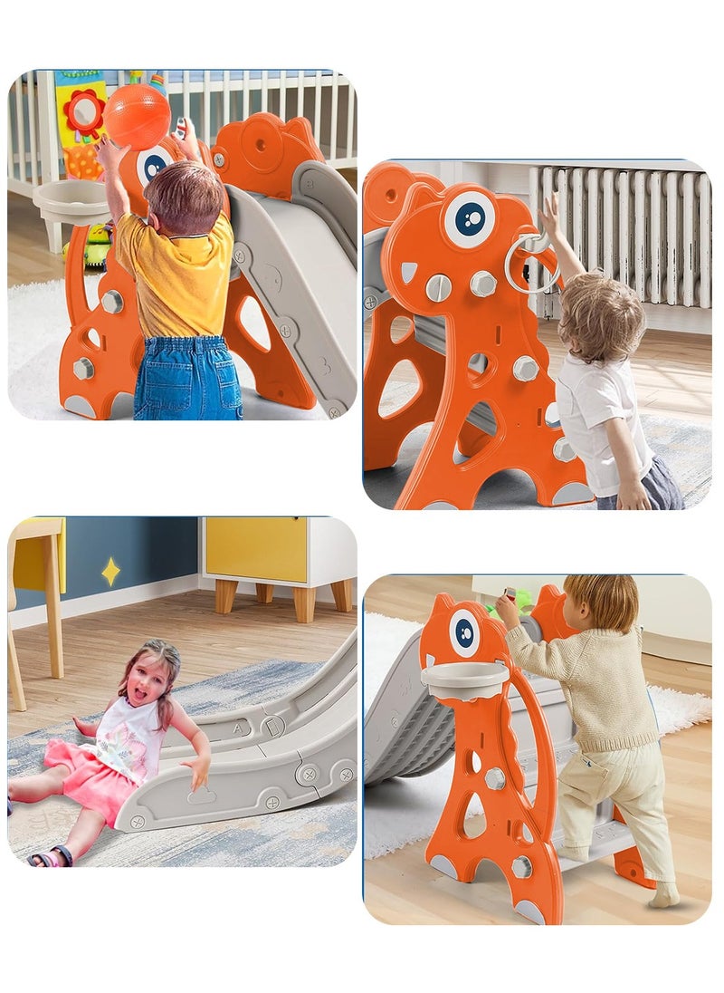 Toddler Slide, Kids Indoor Outdoor Slide, Baby Slide Playset with Basketball Hoop & Ring Toss, Foldable Baby Plastic Slide, Outdoor Playground Climber Slide for Kids Age 1-3
