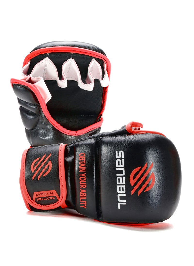 Essential 7 oz MMA Gloves Men & Women | Gloves for Martial Arts Sparring & Training Gloves | Hybrid MMA Kick Boxing Gloves Men | Grappling Gloves (Black/Red, Large/X-Large)