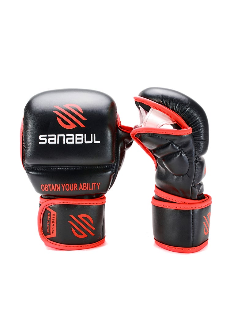 Essential 7 oz MMA Gloves Men & Women | Gloves for Martial Arts Sparring & Training Gloves | Hybrid MMA Kick Boxing Gloves Men | Grappling Gloves (Black/Red, Large/X-Large)