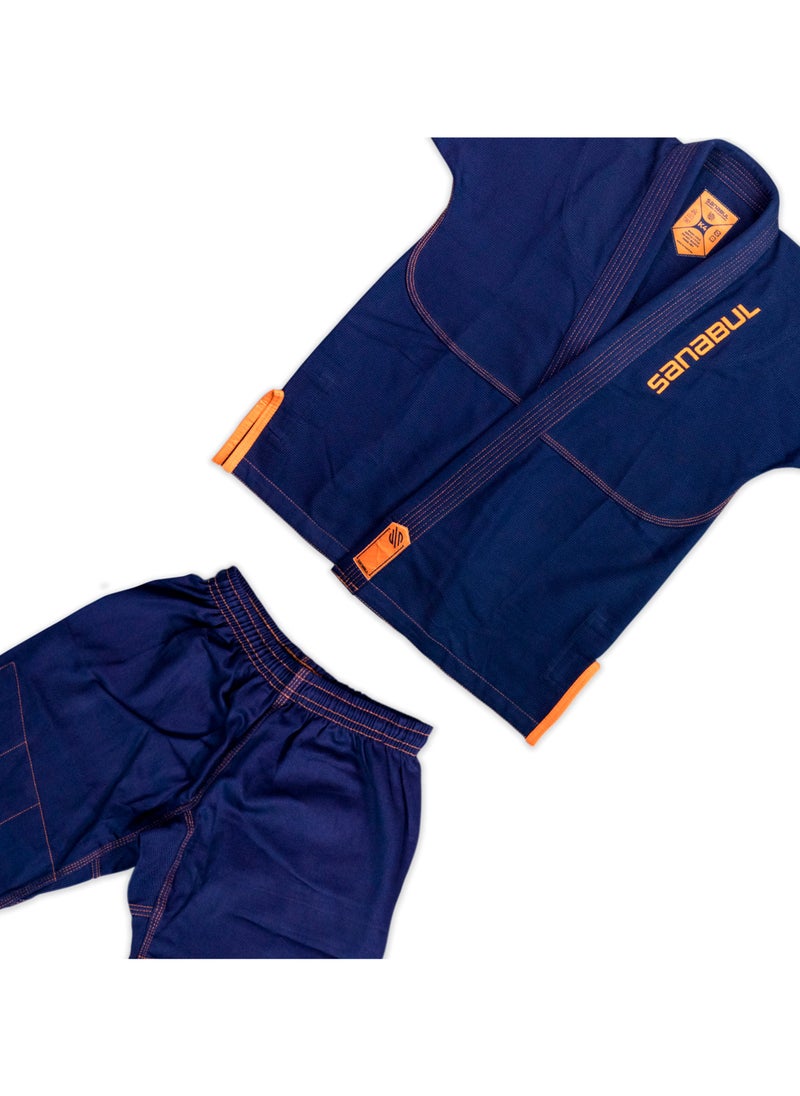 Sanabul Future Legends BJJ Gi for Kids | Premium Youth Brazilian Jiu Jitsu Gi with FREE White Belt | Lightweight & Durable Jiu Jitsu Kimono for Children and Youth (NAVY/ORANGE, K1)