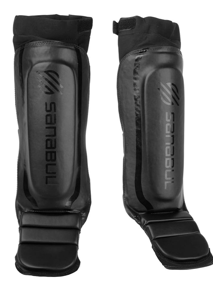Essential Neoprene Shin Guards for Kickboxing, MMA & Muay Thai – Hybrid Sleeve Design for Superior Fit & Protection – Large/X-Large