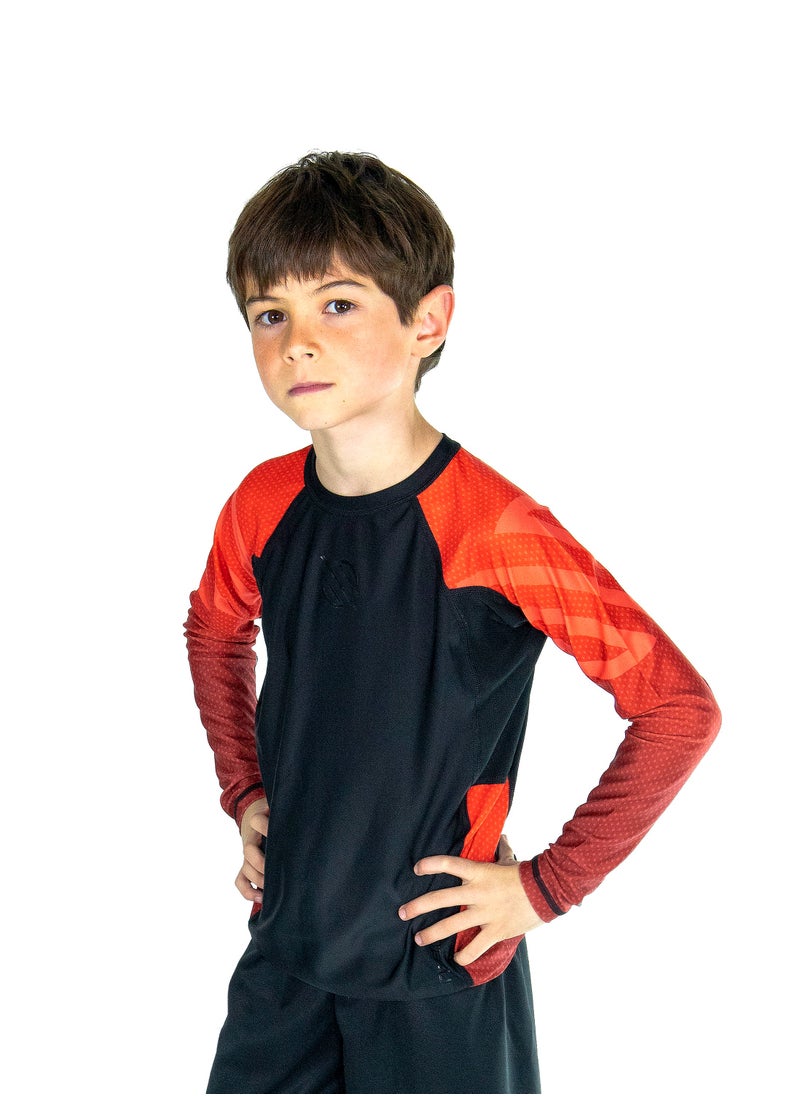 Sanabul Kids Essential Long Sleeve RashGuard | Ideal for BJJ, MMA & More | Comfortable, Durable, SPF 50 Protection | Perfect Fit with Our Kids' Size Guide | Boys and Girls Rash Guard (Red, Large)