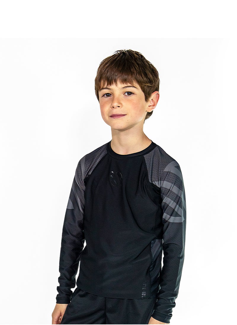 Sanabul Kids Essential Long Sleeve RashGuard | Ideal for BJJ, MMA & More | Comfortable, Durable, SPF 50 Protection | Perfect Fit with Our Kids' Size Guide | Boys and Girls Rash Guard (Black, Medium)