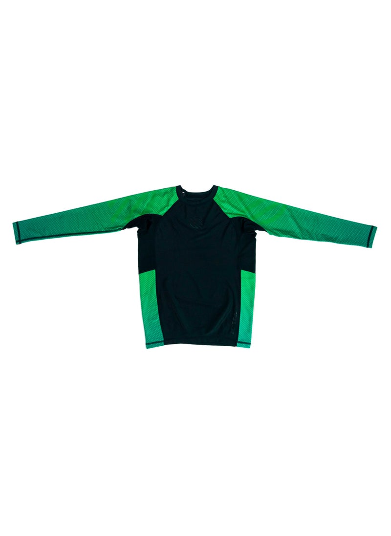 Sanabul Kids Essential Long Sleeve RashGuard | Ideal for BJJ, MMA & More | Comfortable, Durable, SPF 50 Protection | Perfect Fit with Our Kids' Size Guide | Boys and Girls Rash Guard (Green, Small)