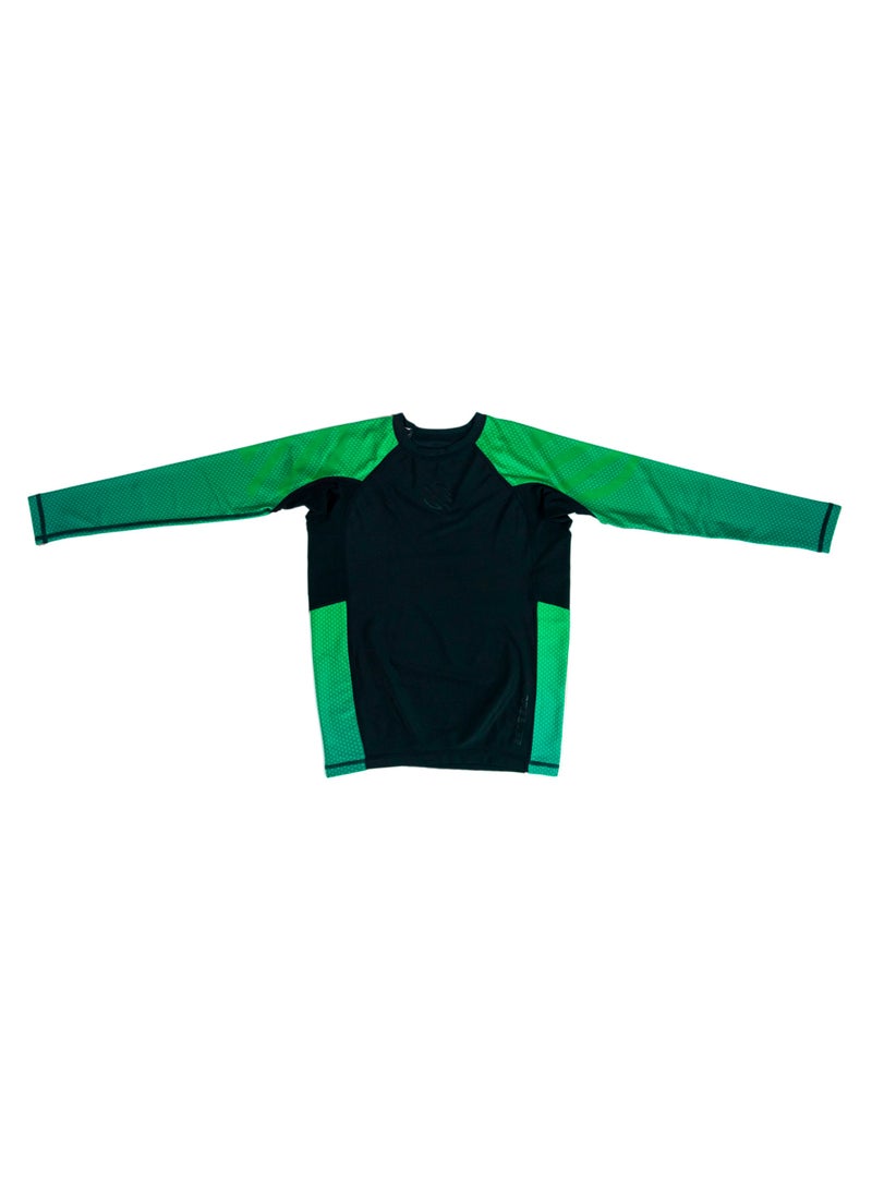 Sanabul Kids Essential Long Sleeve RashGuard | Ideal for BJJ, MMA & More | Comfortable, Durable, SPF 50 Protection | Perfect Fit with Our Kids' Size Guide | Boys and Girls Rash Guard (Green, 2XL)